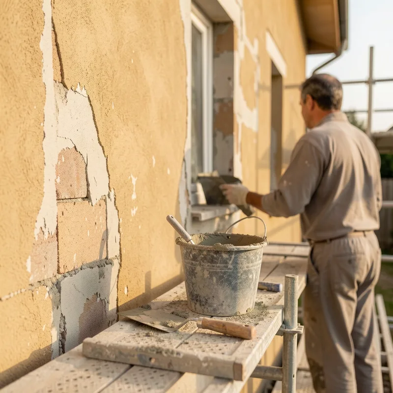 Façadier préparant le support d’une façade avant ravalement sur une maison languedocienne