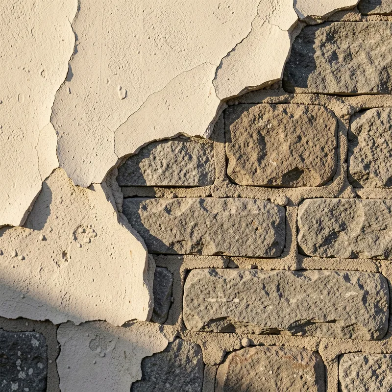 Détail d’un enduit de façade purgé laissant apparaître la maçonnerie ancienne