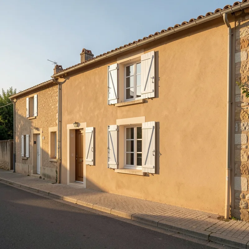 Façade de maison de village méditerranéenne fraîchement ravalée en fin d’après-midi