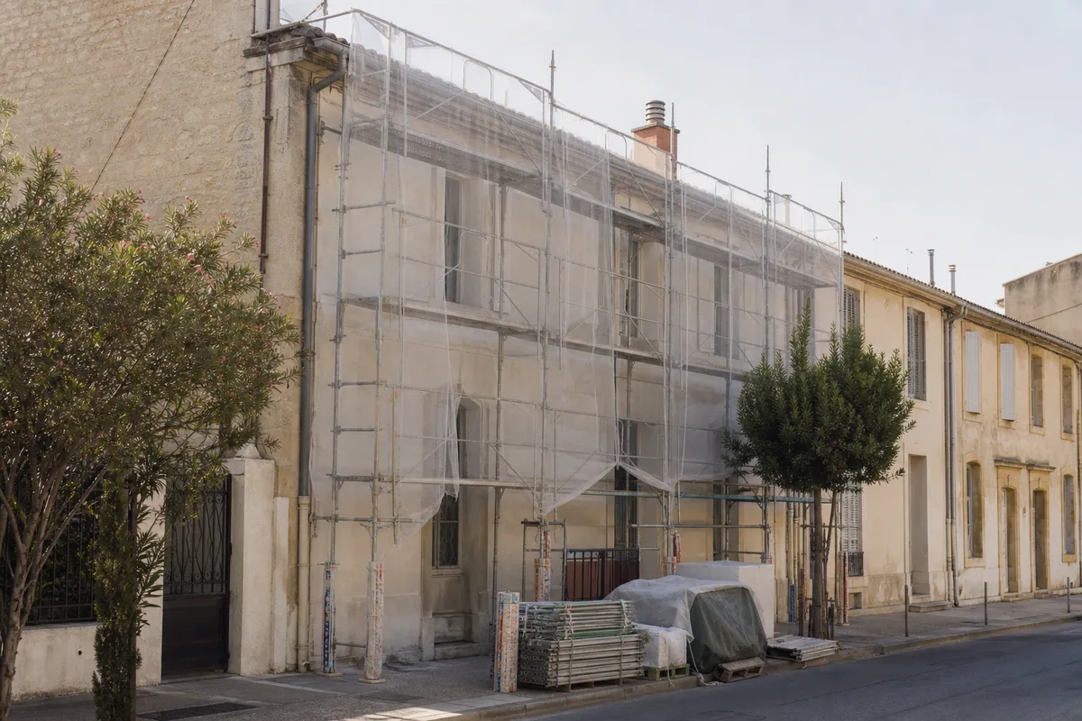 Échafaudage dressé devant une maison de ville nîmoise pour la réfection complète de sa façade