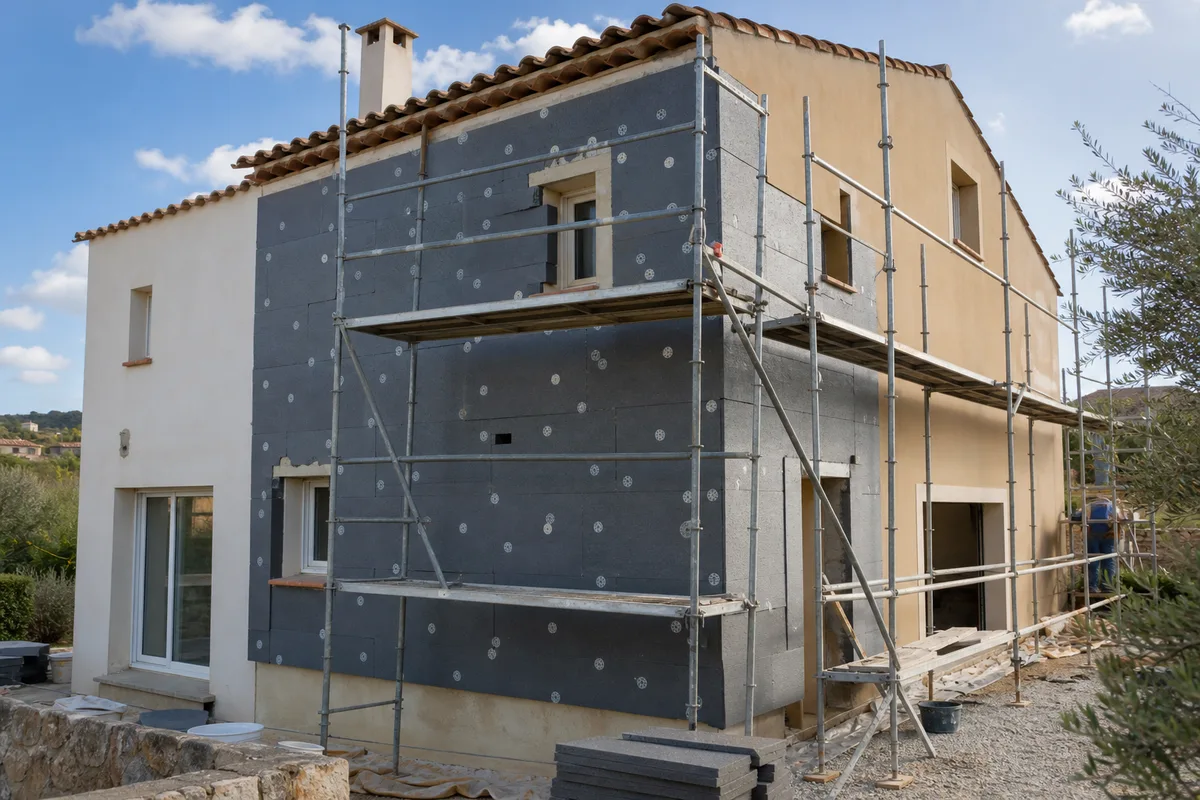 Ravalement avec isolation thermique extérieure sur une maison de l’Hérault