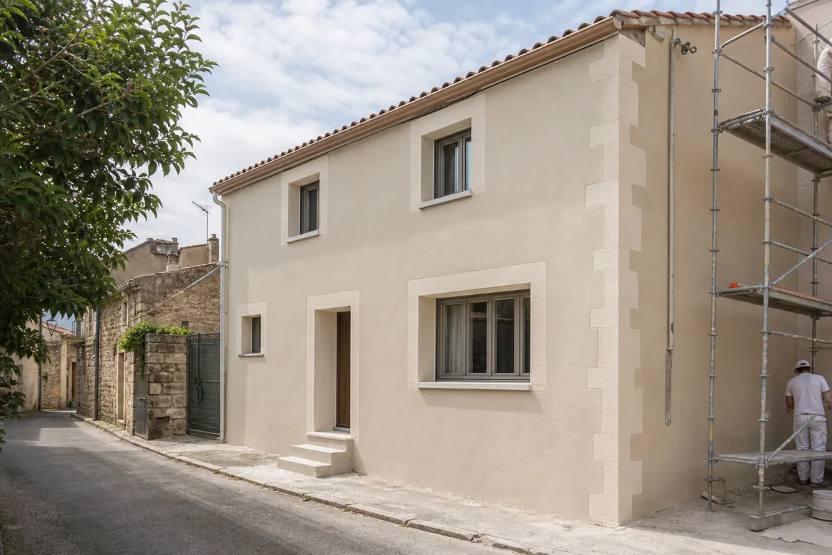Façade isolée et ravalée avec finition enduit dans un village de l’Hérault