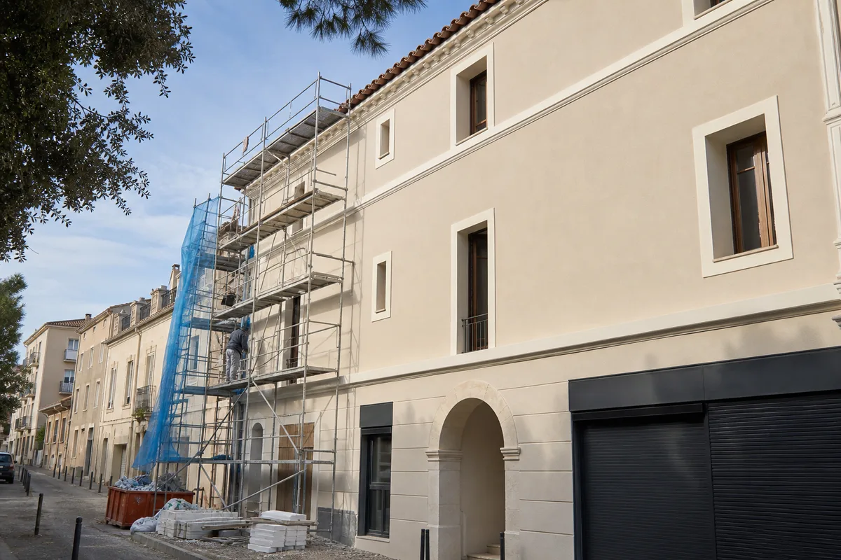 Façade d’immeuble montpelliérain rénovée avec isolation extérieure sous enduit
