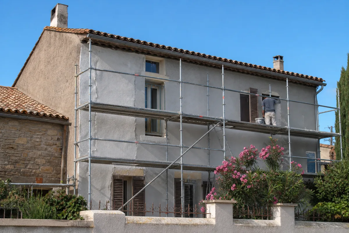 Ravalement de façade en cours sur une maison languedocienne avec échafaudage