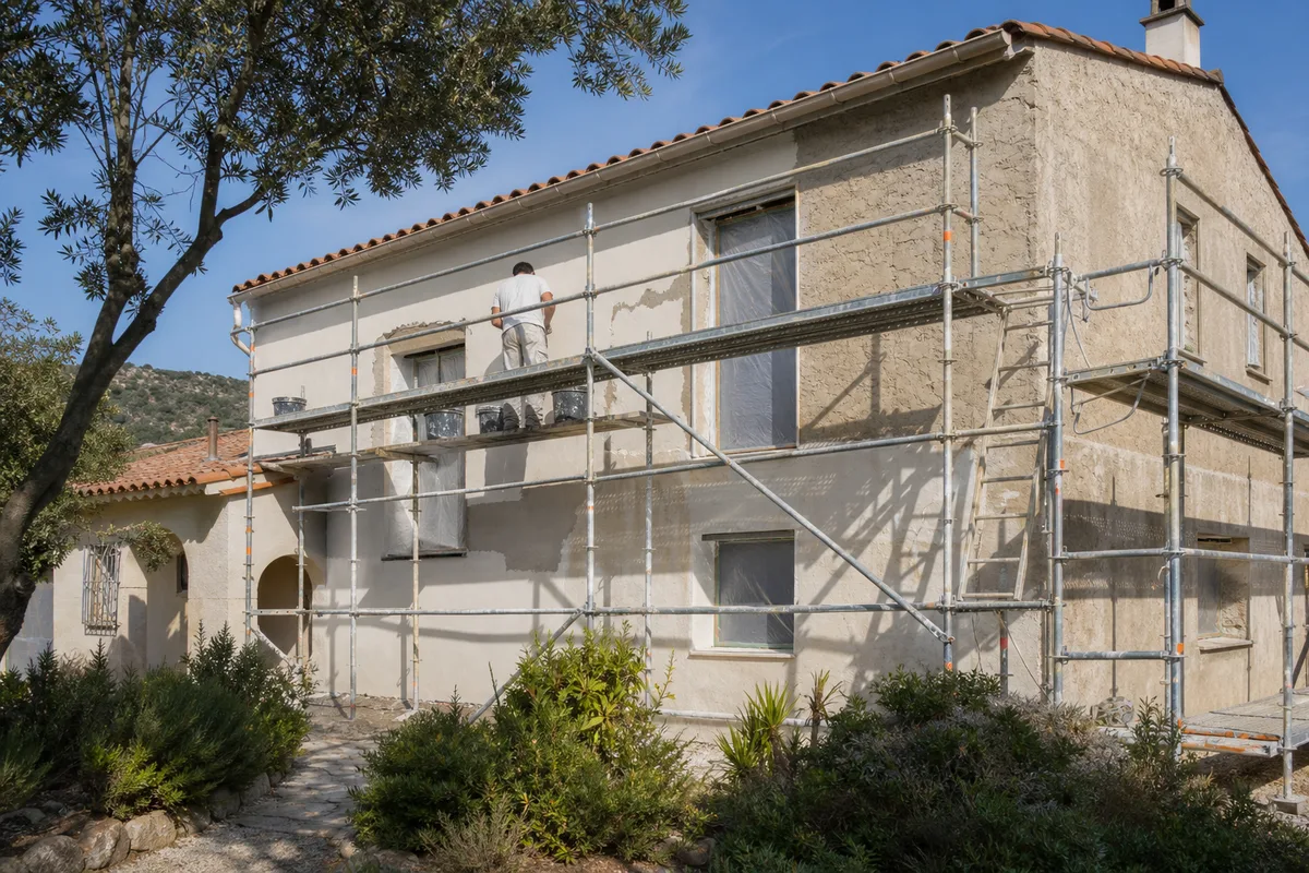 Ravalement de façade d&rsquo;une maison individuelle héraultaise en cours