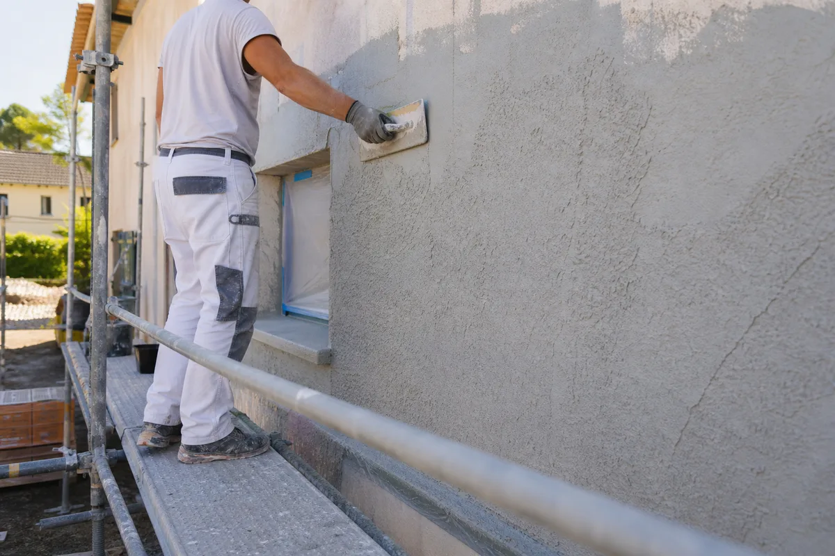 Application d’un revêtement plastique épais sur une façade de maison à Mudaison